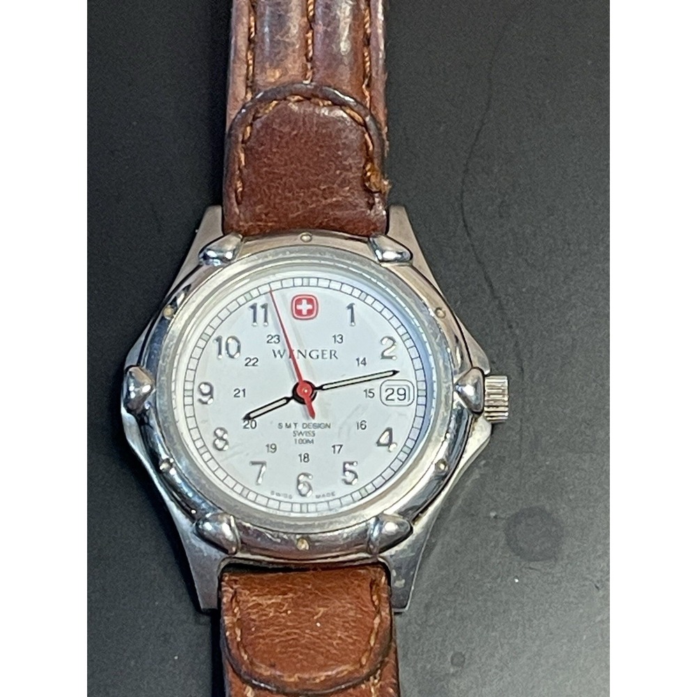 VTG Wenger Women's 14mm Watch W Date & Military Time Brown Leather New Battery